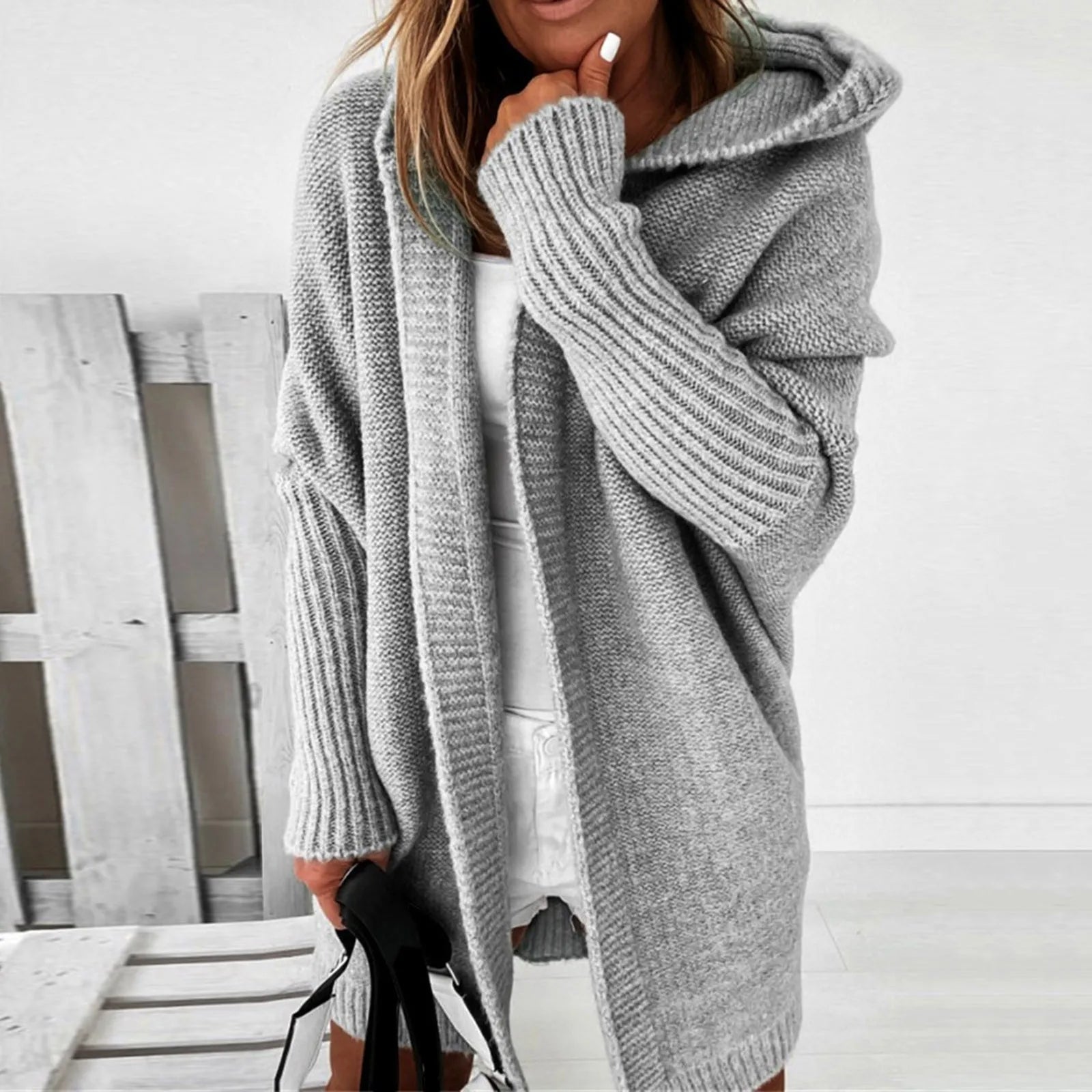 ChicConfort - Manteau en tricot oversized gris avec capuche - Rynova