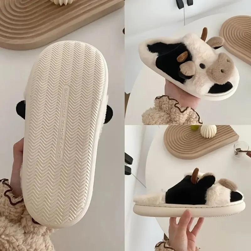 Chaussons Douillets en Peluche - Modèle Vache Amusant - Rynova