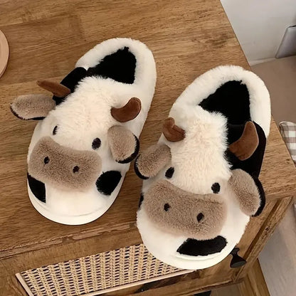 Chaussons Douillets en Peluche - Modèle Vache Amusant - Rynova