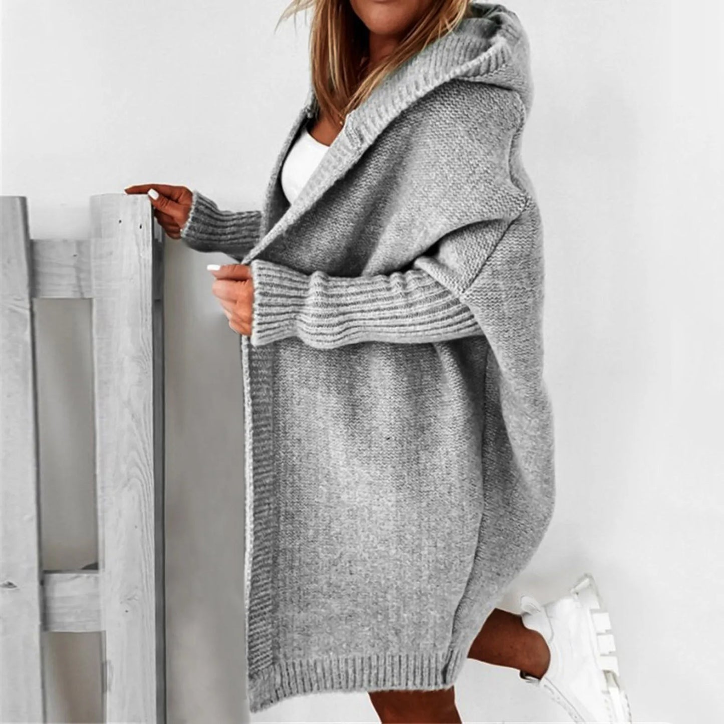 ChicConfort - Manteau en tricot oversized gris avec capuche - Rynova