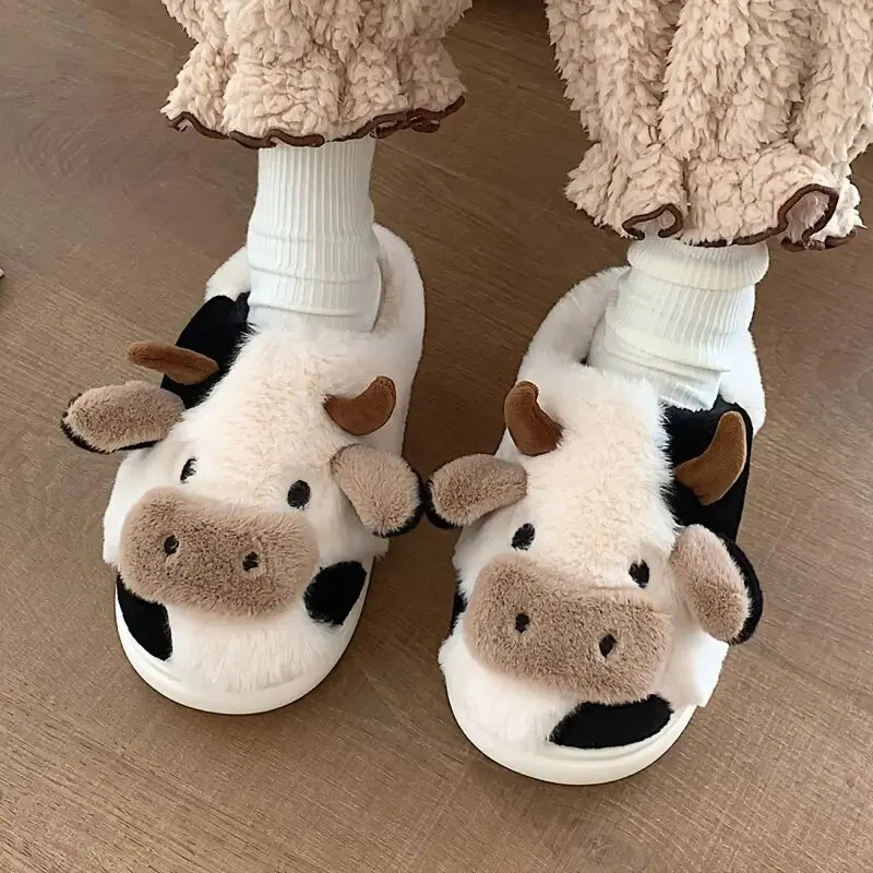 Chaussons Douillets en Peluche - Modèle Vache Amusant - Rynova