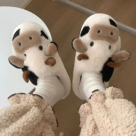 Chaussons Douillets en Peluche - Modèle Vache Amusant - Rynova