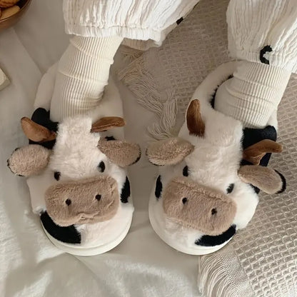 Chaussons Douillets en Peluche - Modèle Vache Amusant - Rynova