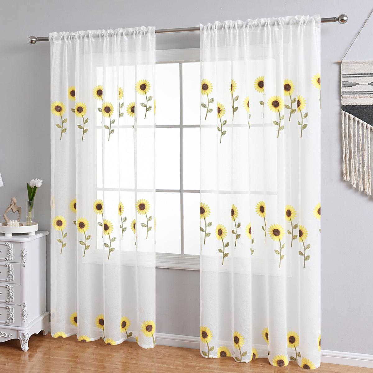 TournesolChic - Rideau Aéré Blanc à Motif de Tournesols pour une Décoration Fermière - Rynova