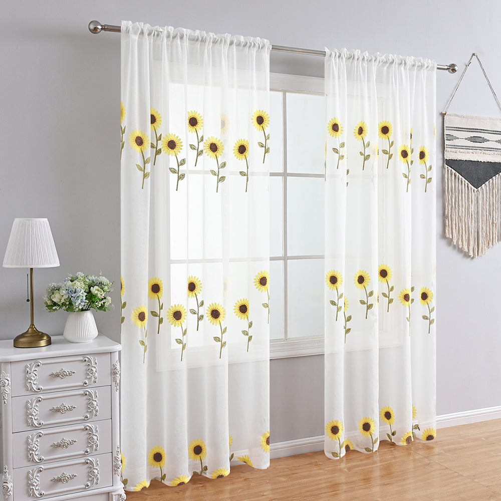 TournesolChic - Rideau Aéré Blanc à Motif de Tournesols pour une Décoration Fermière - Rynova